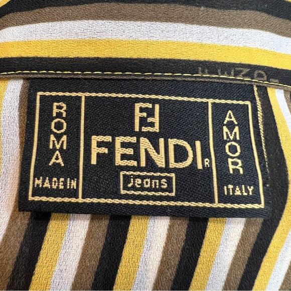 FENDI VTG Yellow Wh Brown & Black Stripe Shirt FENDI LOGO fabric & buttons 38 - Picture 9 of 16